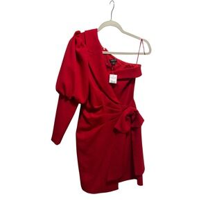 Cache Red One Shoulder Puff Sleeve Bow Detail Cocktail Dress Size 0